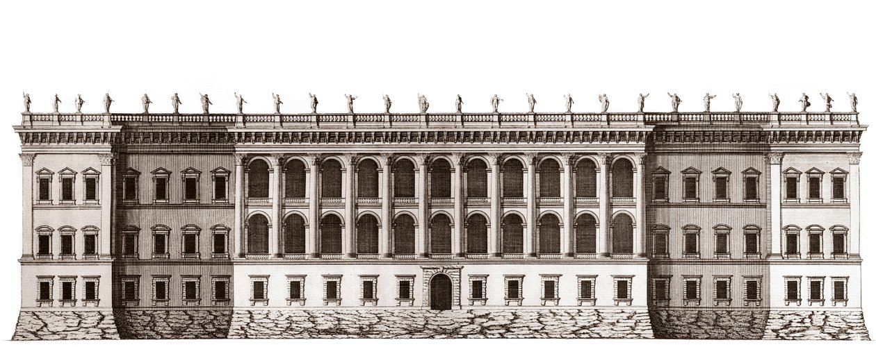 Louvre v Paříži, projekt Giana Lorenza Berniniho: pohled na hlavní průčelí směřující k Tuileries - Z „”Architecture francoise”” od Jacquese-Francoise Blondela - Pohled na hlavní průčelí cote jardin de Tuileries - projekt Bernin - rytina Je od Unknown artist