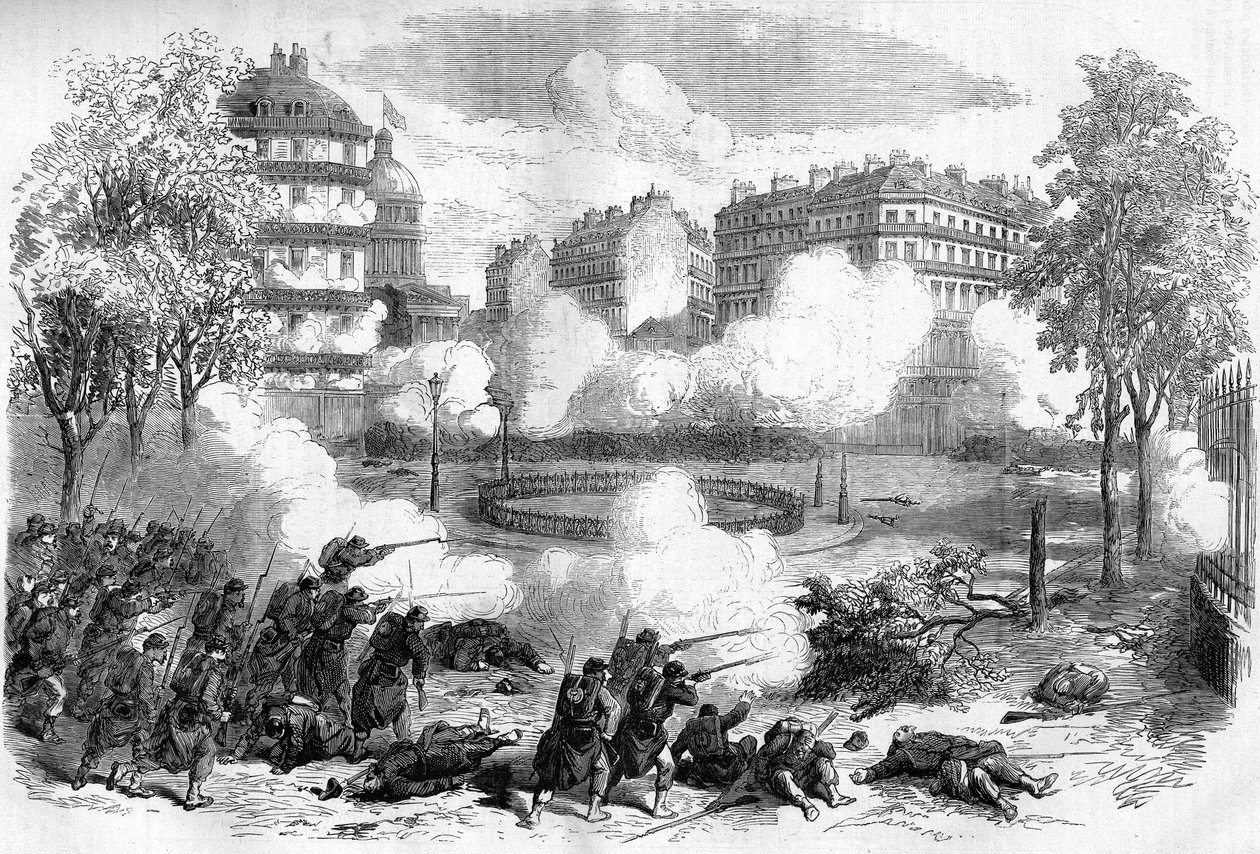 Pařížská komuna v roce 1871. Útok na barikády federací (komunardů) před Pantheonem armádním sborem generála de Cissey dne 24. května 1871, na začátku krvavého týdne (22. - 28. května 1871). od Unknown artist