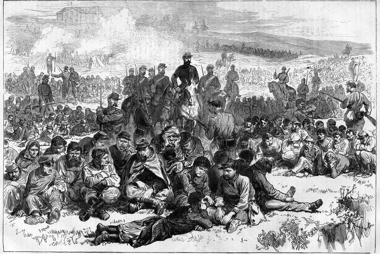 Pařížská komuna v roce 1871. Komunardi z Belleville byli zajati a střeženi oddílem mírových sil v Parc des Buttes Chaumont. od Unknown artist