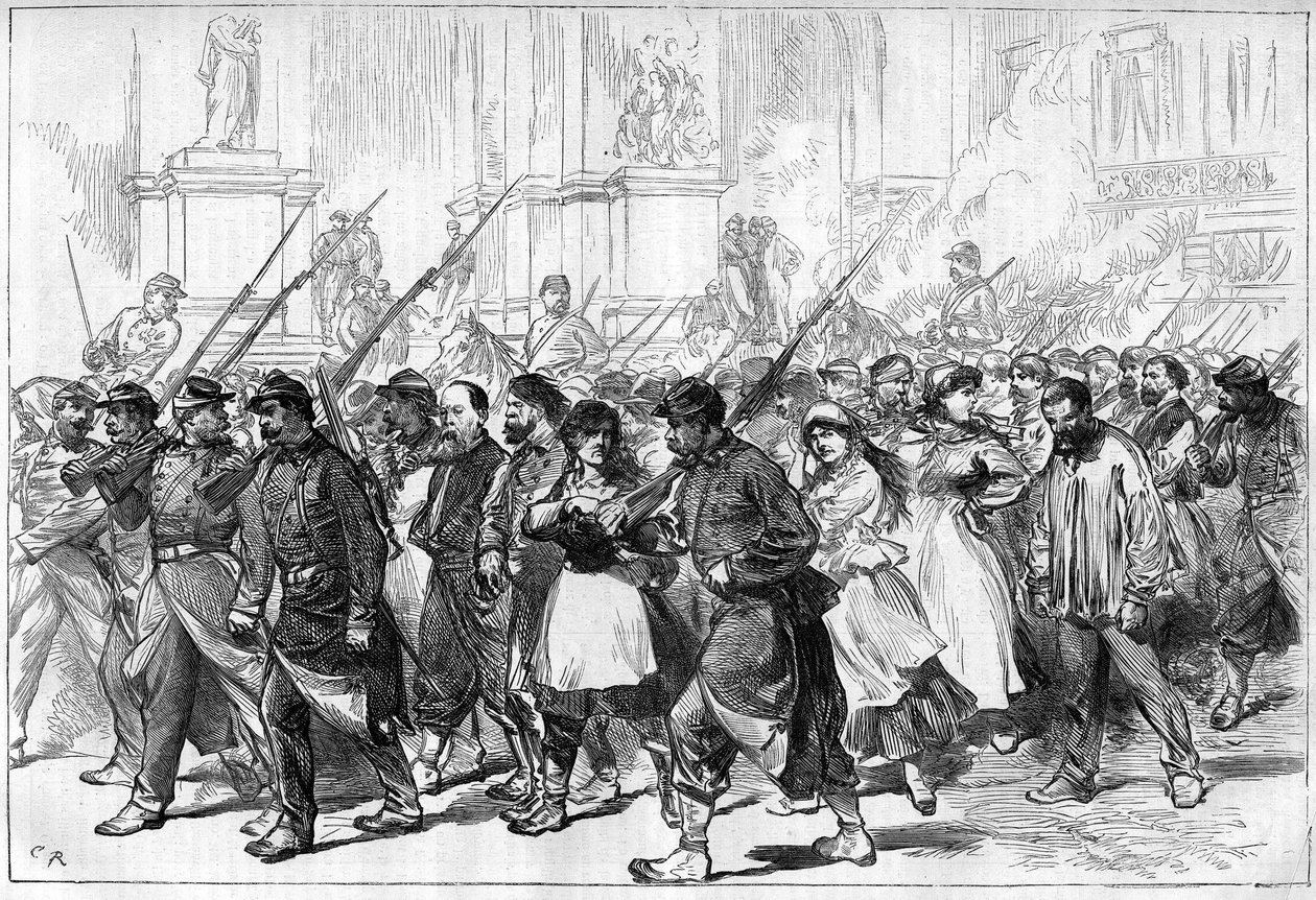 Pařížská komuna v roce 1871. Konvoj Federes (komunardů) zajat, projíždějící náměstím Place de l