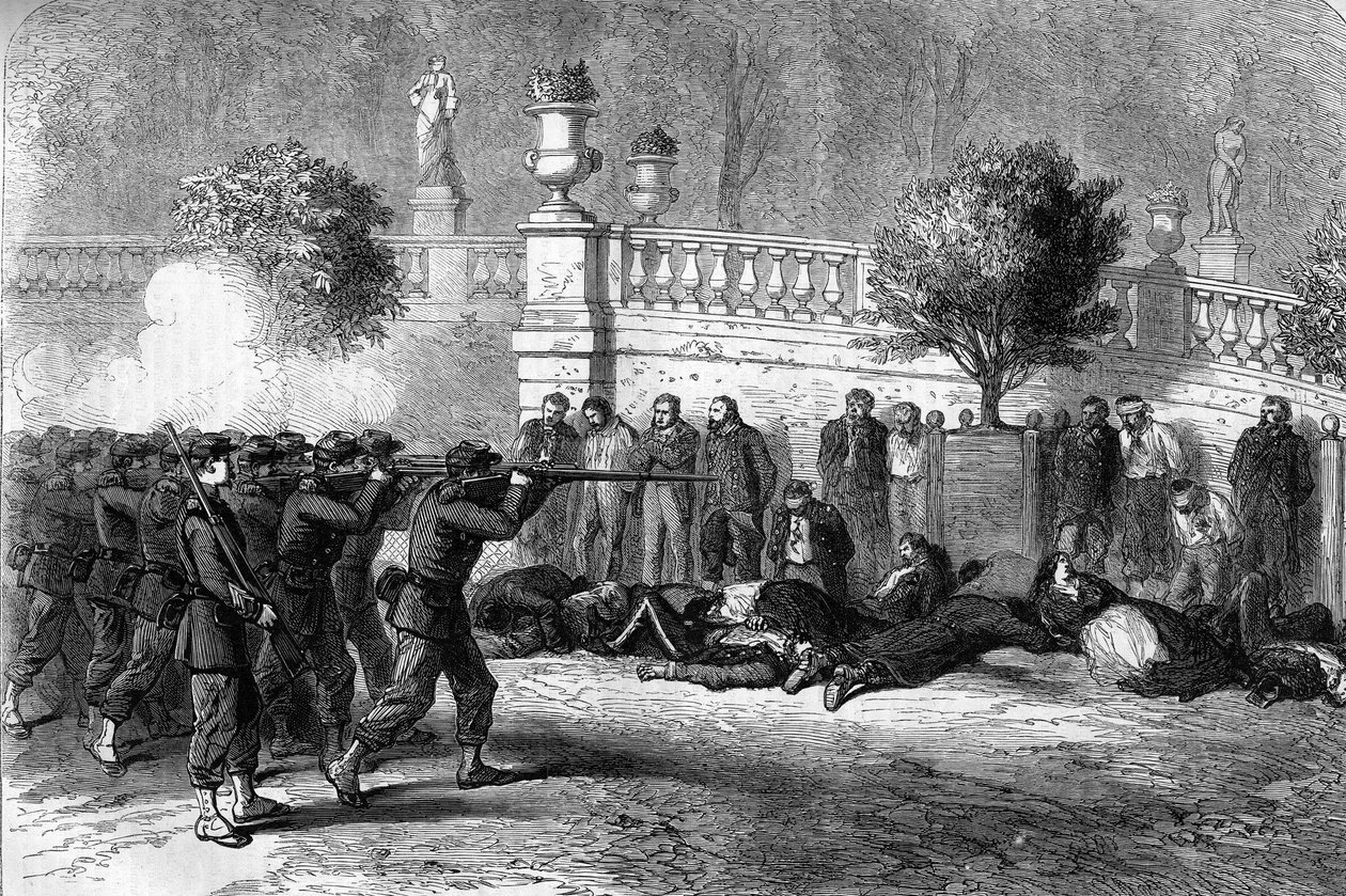 Pařížská komuna v roce 1871. Poprava federací (komunardů) v Lucemburské zahradě během krvavého týdne od 22. do 28. května 1871. Šestý obvod byl jedním z prvních, které obsadila společná armáda. Někteří byli posláni mezi federální zajatce od Unknown artist
