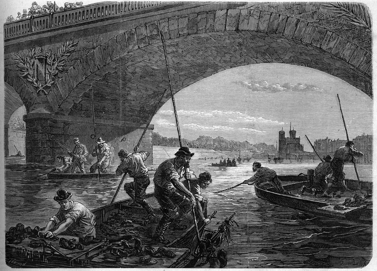Pařížská komuna v roce 1871. Lov zbraní vhozených do Seiny pod slavkovským mostem Federes (komunardi) v době závěrečné debaty komuny. od Unknown artist