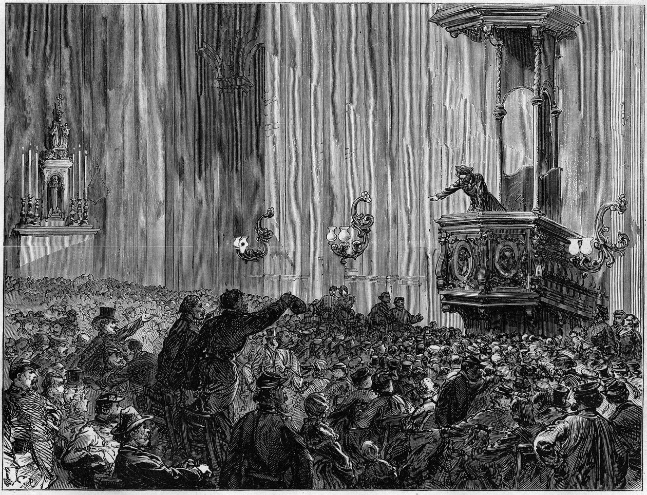 Pařížská komuna v roce 1871. Klub kostela sv. Eustatia. Církve byly večer požádány federacemi, aby pořádaly schůze a debaty. Tyto kluby měly trojí účel – vzdělání, informace a vyjádření. od Unknown artist