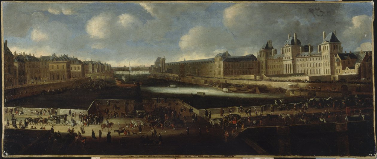 Pont-Neuf při pohledu od vchodu na náměstí Dauphine, nábřeží Quai Malaquais s rozestavěnou budovou Collège des Quatre-Nations, Velkou galerií a Louvrem, asi 1665, mezi lety 1660 a 1670 (olej na plátně) od Unknown artist