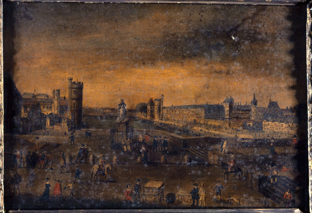 Pont-Neuf, pohled od vchodu na náměstí Dauphine, Hôtel de Nevers, Tour de Nesle, Velká galerie s Porte Neuve a Louvre, kolem roku 1640, dnešní 1. a 6. obvod, mezi lety 1635 a 1645 (olej na plátně) od Unknown artist