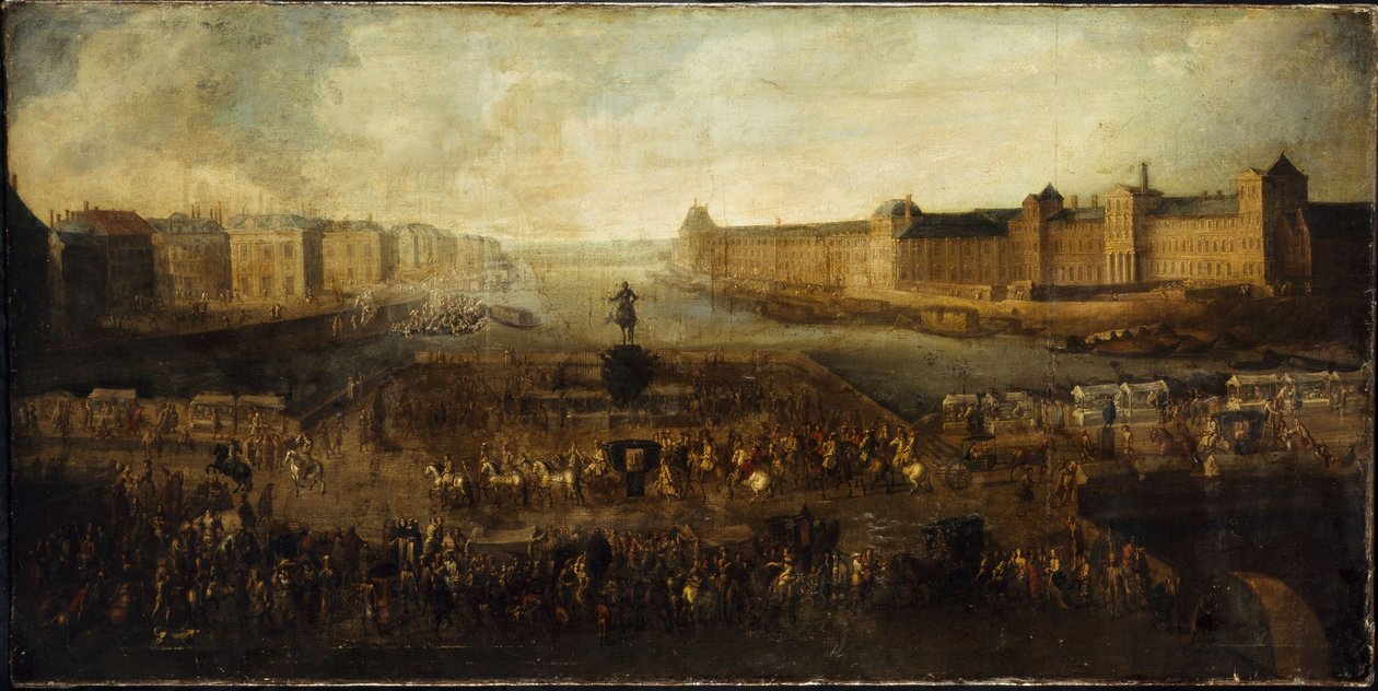 Pont-Neuf, pohled od vchodu na náměstí Dauphine, nábřeží Quai Malaquais s Collège des Quatres-Nations, Velkou galerií a Louvrem, kolem roku 1665. od Unknown artist