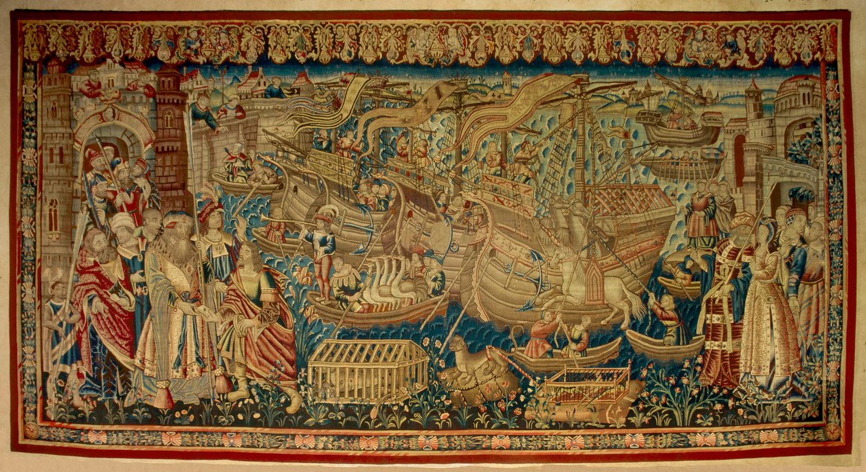 Portugalský mořeplavec Vasco de Gama (1459-1524) dorazil do Calicut (Kozhikode) v Indii v roce 1498. Tapiserie. Lisabon od Unknown artist