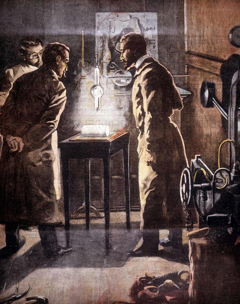 Rentgen (Rontgen) nebo rentgenové záření. Objeven v roce 1895. Ilustrace představující experiment. od Unknown artist