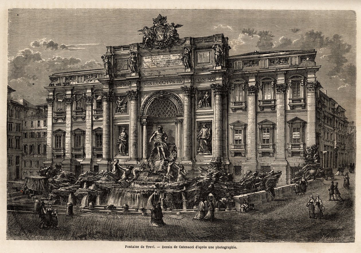 Fontána di Trevi v Římě, dokončená v roce 1762, je příkladem přetrvávání barokního stylu v 18. století v Itálii, založené na Palazzo Poli, toto monumentální dílo v podobě vítězného oblouku drtí malé náměstí, na kterém je nachází se. od Unknown artist