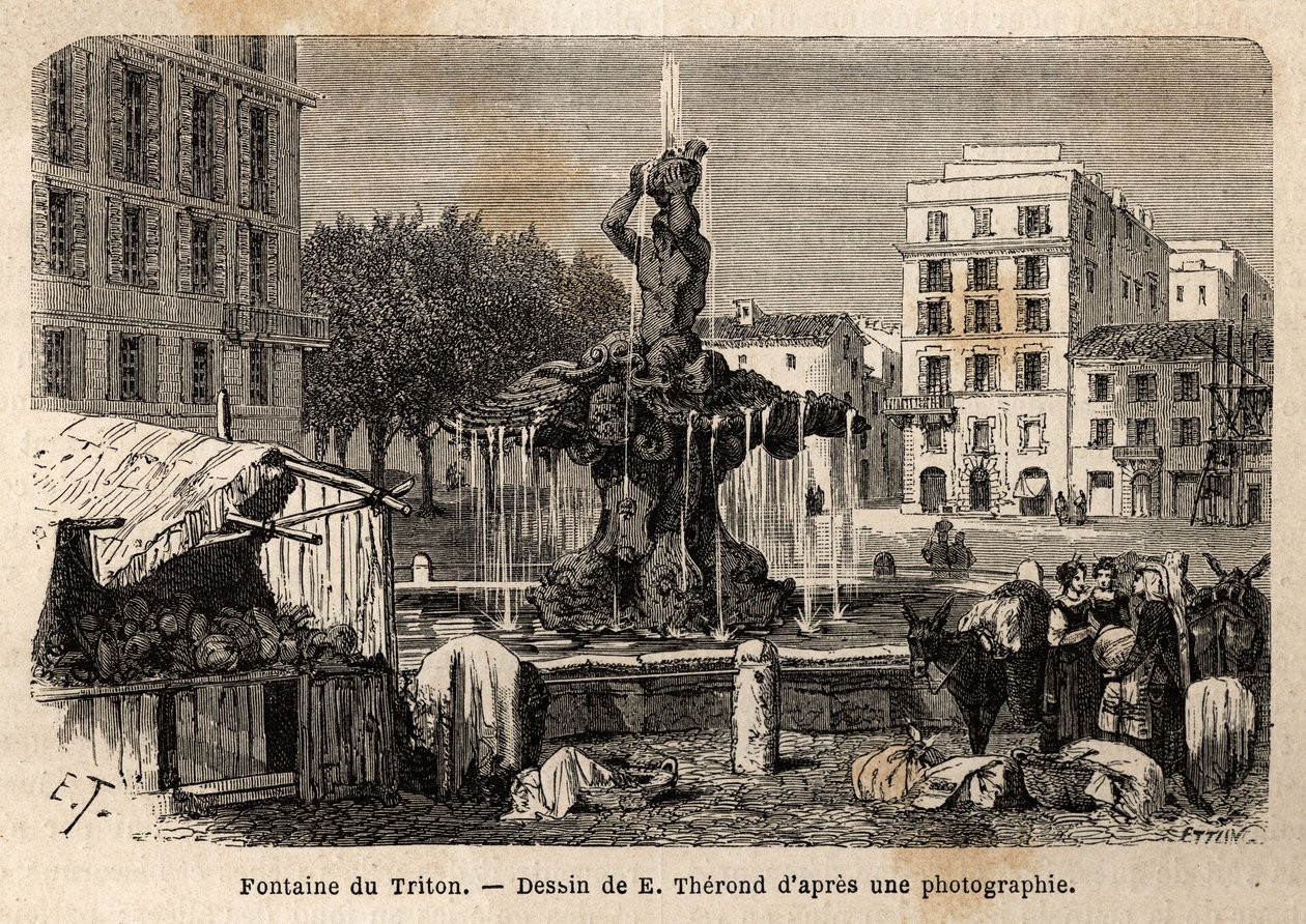 Fontána Triton, v Římě, vytvořená v roce 1643 Gian Lorenzo (Gianlorenzo) Bernini známý jako Le Bernini (1598-1680), na náměstí Barberini. Rytina pro ilustraci plavby do Říma od Francise Weye v letech 1864-1868, publikovaná v „Le tour du monde, nouveau od Unknown artist