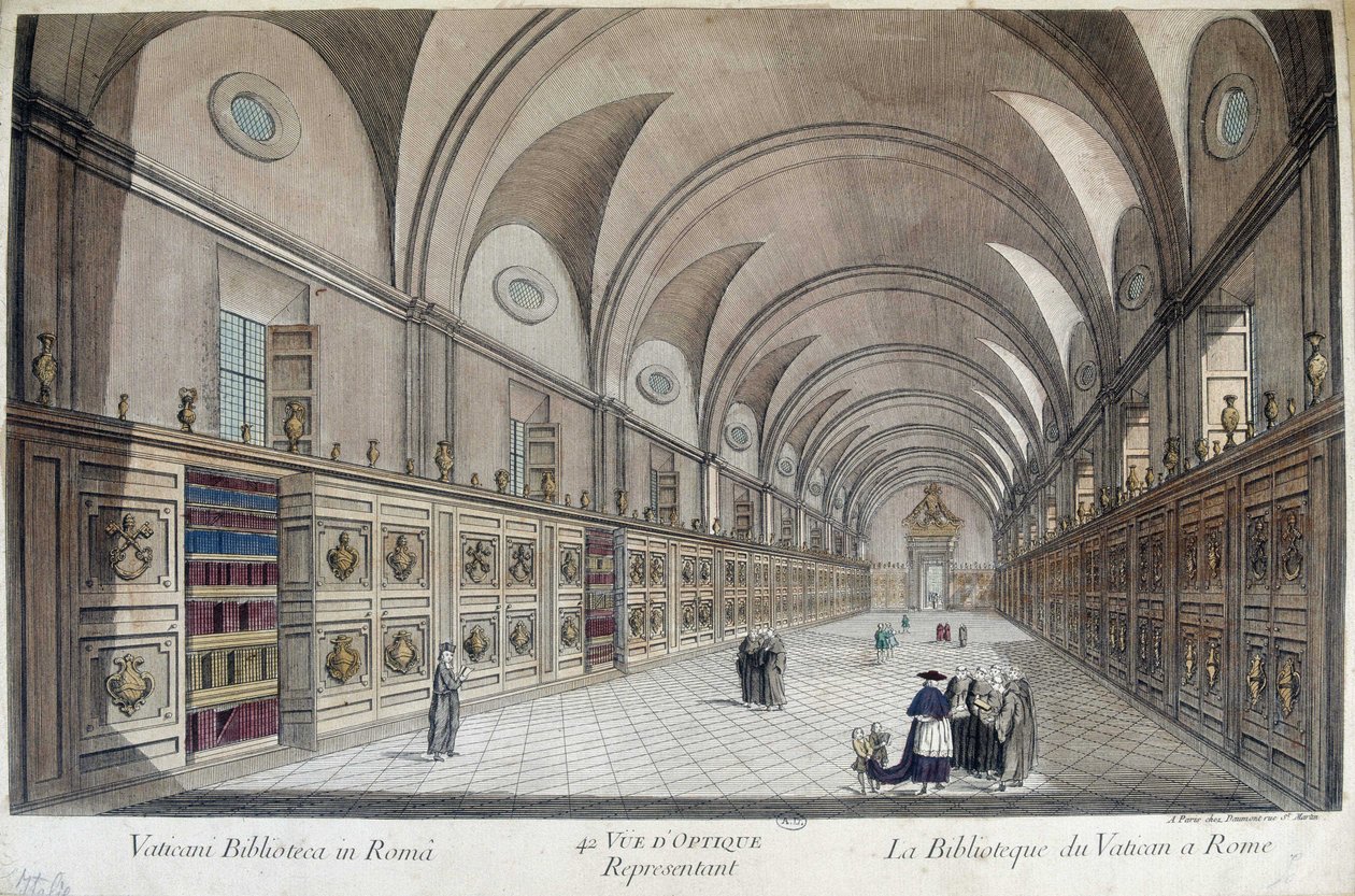 Vatikánská bibliotéka (apoštolská bibliotheka) v Římě, rytina od Unknown artist