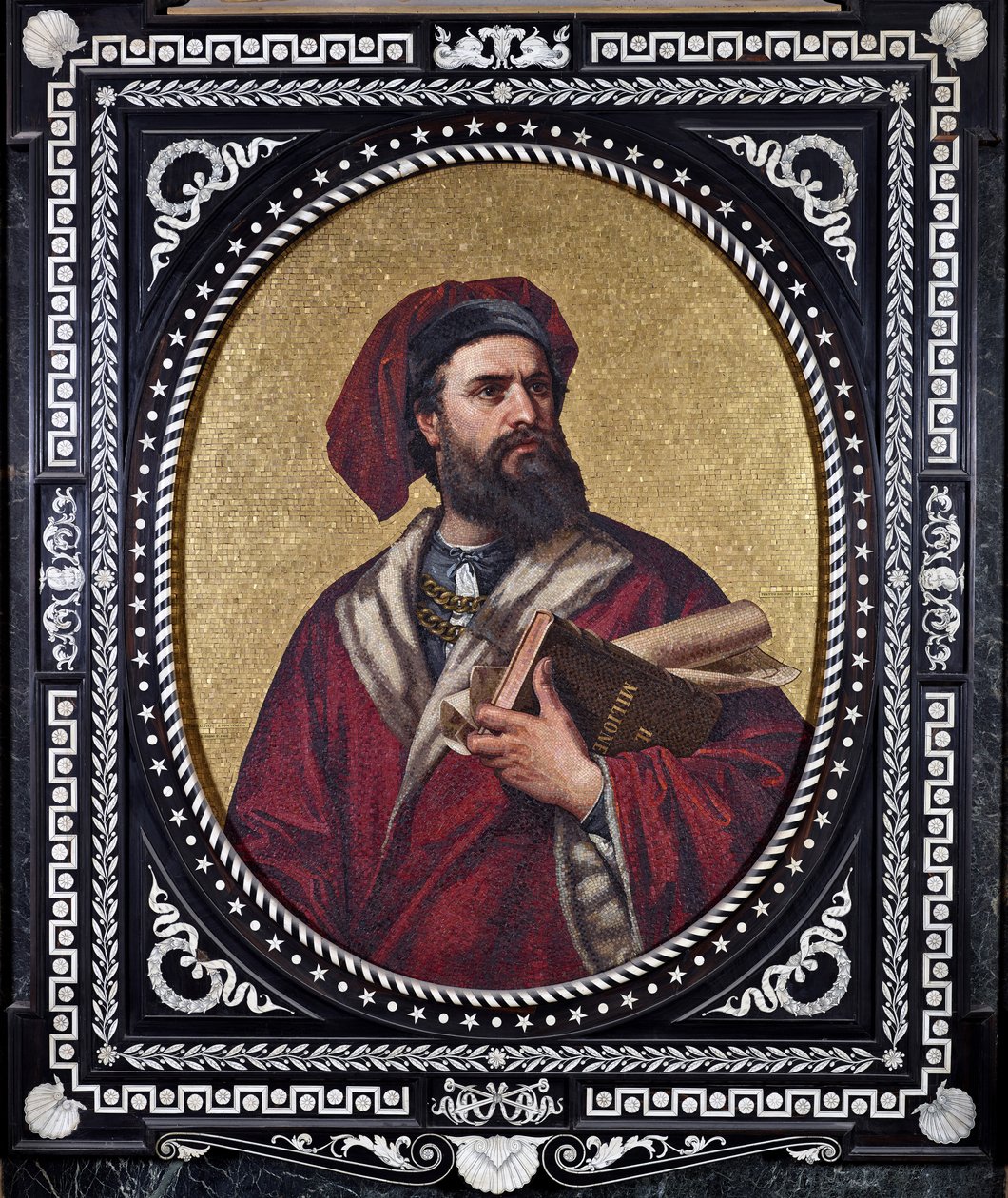 Benátský průzkumník Marco Polo drží pod paží dílo „Kniha divů“ a sleduje jeho cesty od Unknown artist