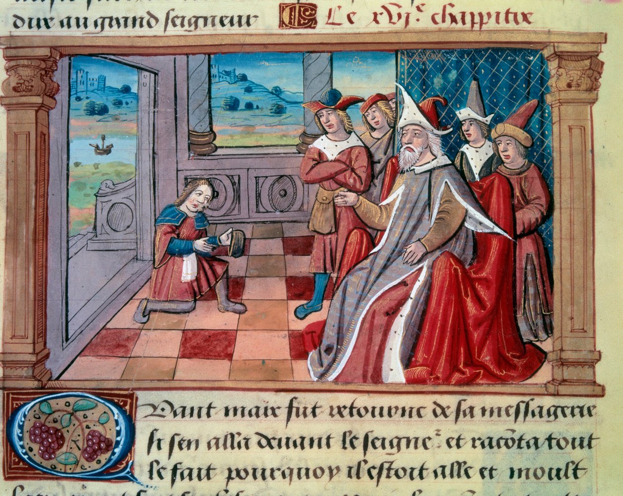 Benátský mořeplavec Marco Polo (1254-1324) před velkým Qubilai (Kubilai Khan, první císař mongolské dynastie Yuan (1215-1294). Miniatura převzata z „“The Book of Wonders“““ („“Devisement du monde“, „“Il Milione“) od Marca Pola (1254 od Unknown artist