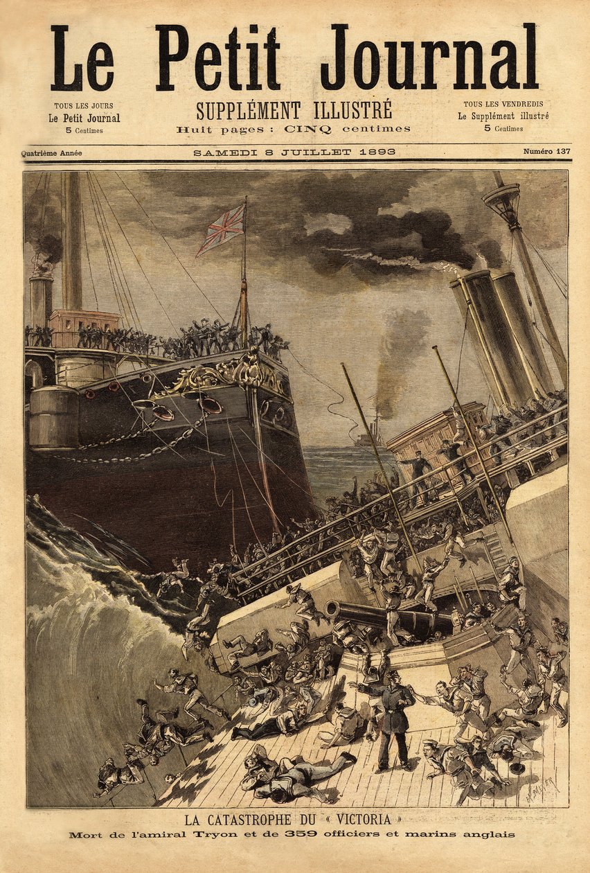 Bitevní loď Victoria se potápí u syrského pobřeží, pobídnuta lodí Camperdown. Rytina v „“ Le petit journal“ 8/07/1893. Selva sbírka. od Unknown artist