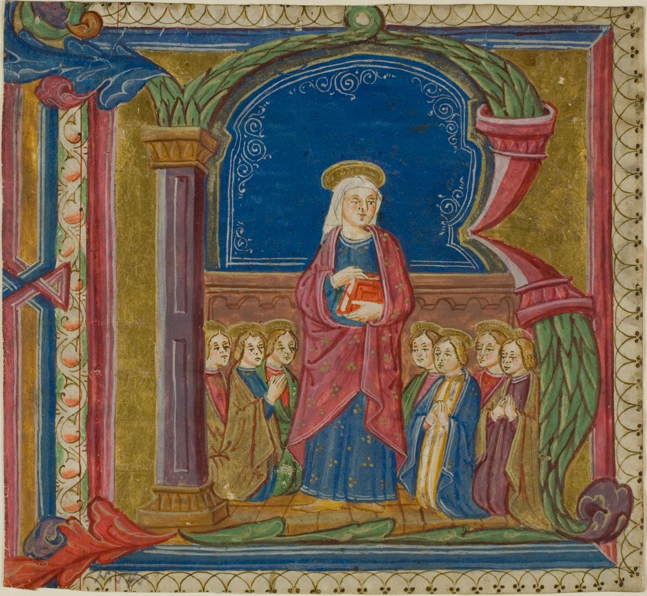 Panna uctívaná svatými v historizující iniciále "R" z antifonáře od Unknown artist