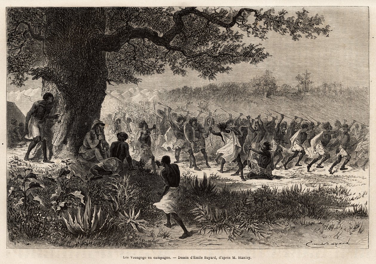 Vouagogové (kmen Tanzanie) v přípravě na válku pod stromečkem, autor příběhu Henry Morton Stanley (1841-1904). Rytina znázorňující cestu při hledání Livingstone ve střední Africe od Henryho Stanleyho, dopisovatele „New-Y“ od Unknown artist