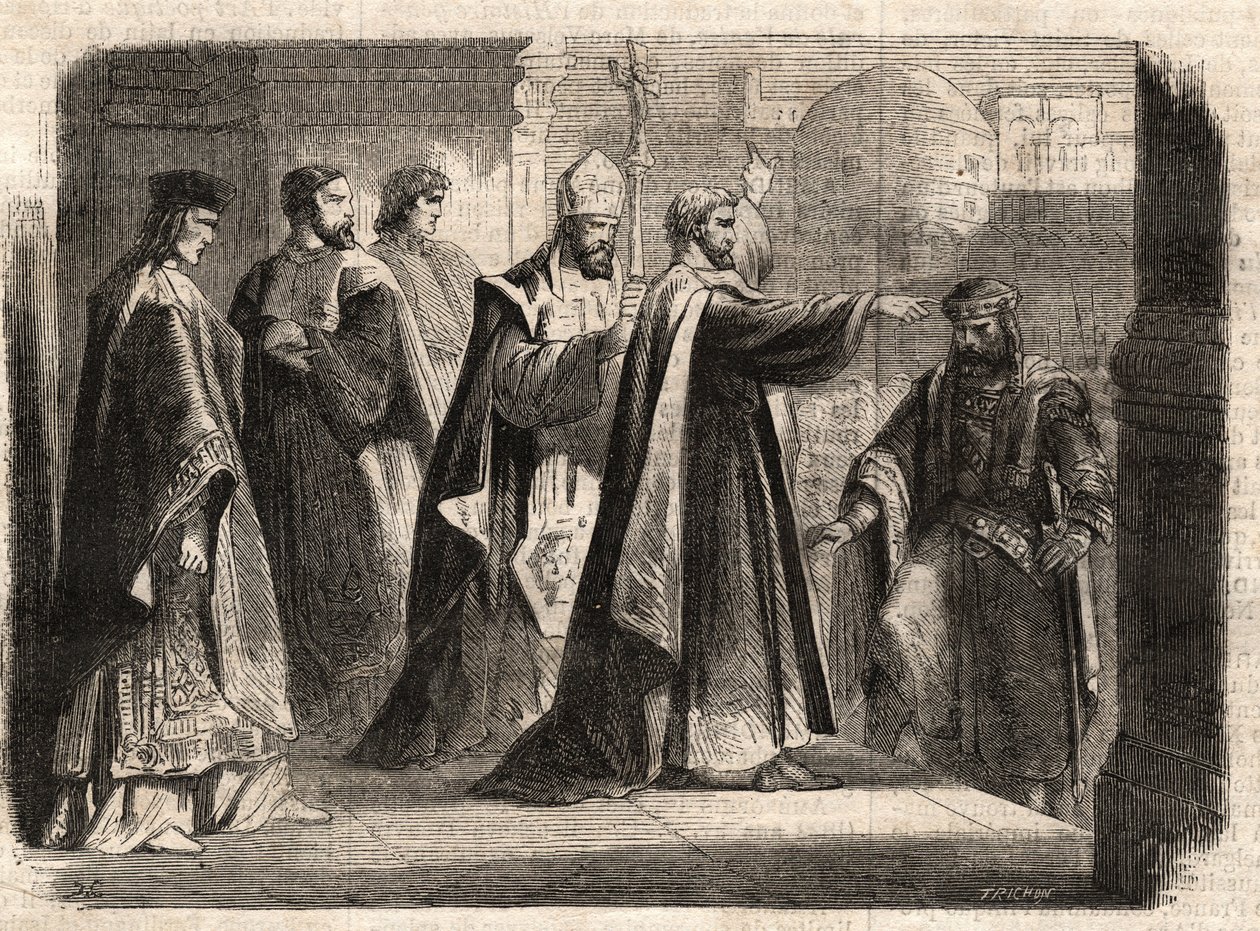 Arcibiskup svatý Ambrož z Milána (Aurelius Ambrosius, Ambrogio di Milano (340-397) zakázal vstup do kostela římskému císaři Theodosiovi I. (Flavius Theodosius) (347-395), aby ho potrestal za masakr v Soluni v roce 390 - Excommunicati od Unknown artist