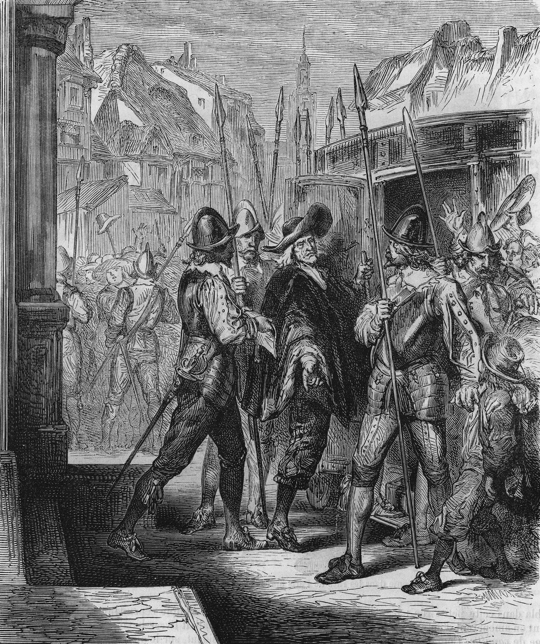 Zatčení Pierra Brousela (1575 - 1654) v roce 1648 na příkaz Anny Rakouské, což vyvolalo úlevu lidu (dny barikád) a Frondy. Rytina z roku 1866. od Unknown artist