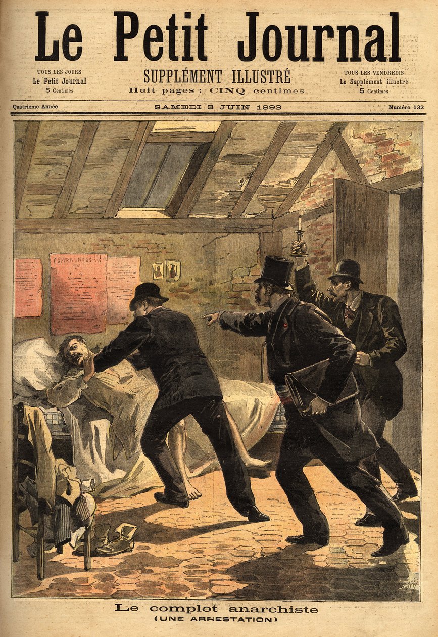Zatčení anarchisty v Paříži a prvek spiknutí a dynamitové skrýše. Rytina v „“ Le petit journal“ 6. 3. 1893. Selva sbírka. od Unknown artist