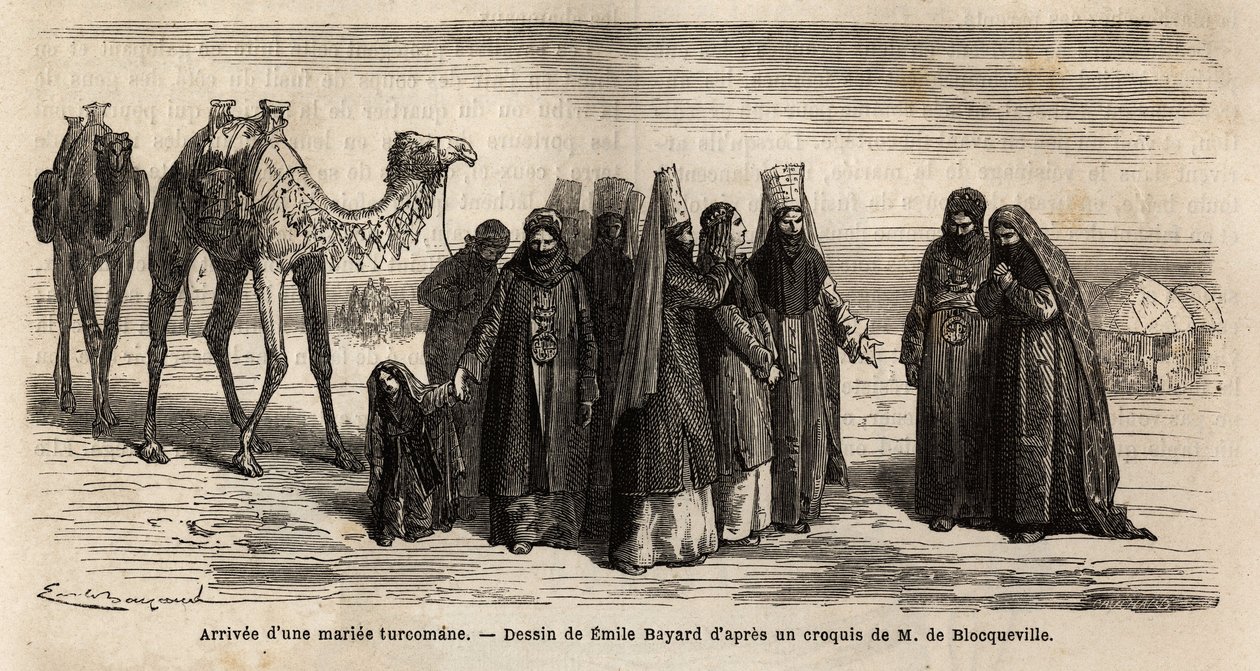 Příchod turecké (Turkmenistán) manželky do rodiny jejího manžela; dcery se nevdávají do 17 let, vybírá je manžel, který sjednává věno (které poskytuje rodině své budoucí manželky) a podmínky sňatku. Rytina od Unknown artist