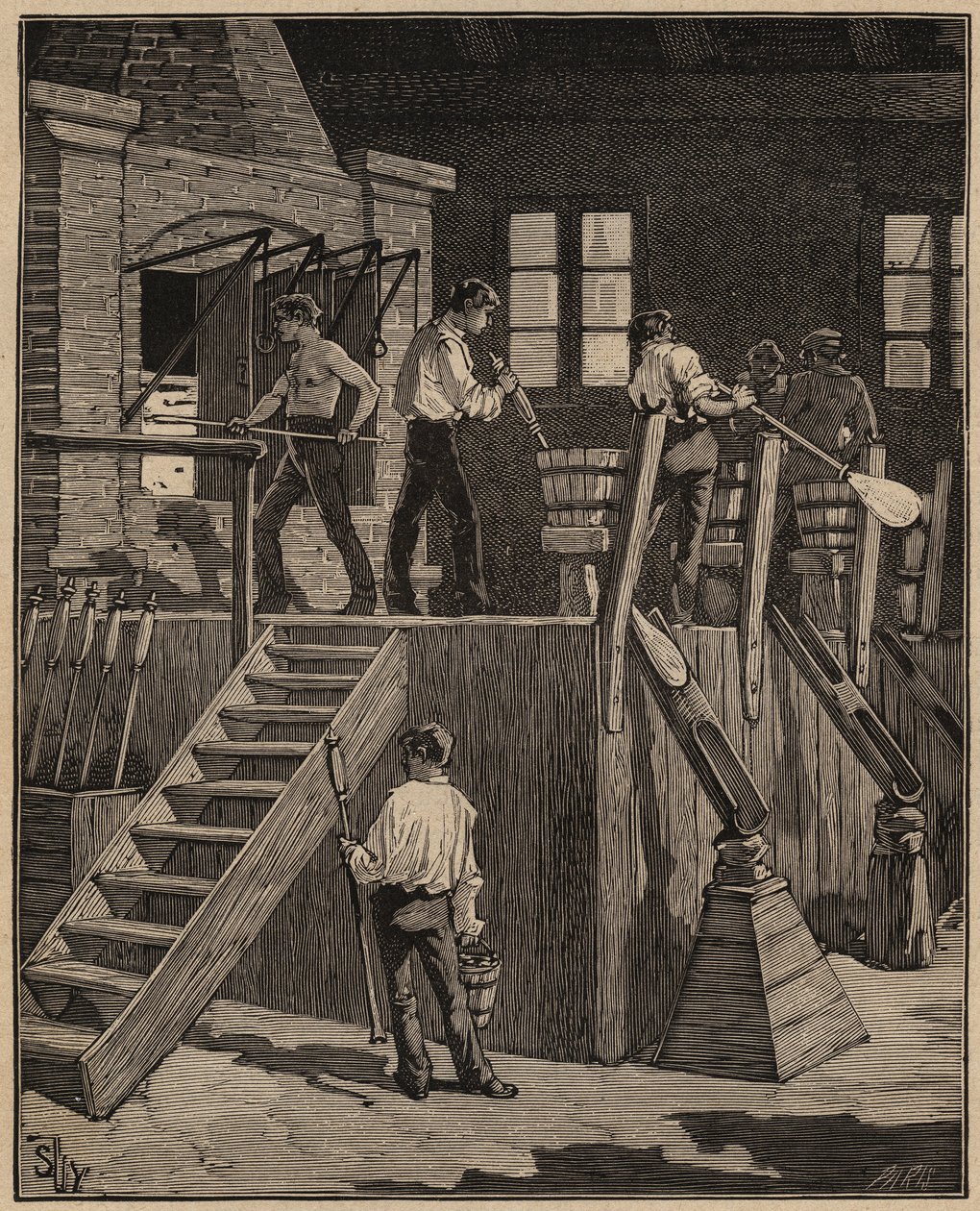 Umění skla: skláři vyrábějící sklo podle francouzské metody. Rytina z roku 1885 v „“Les arts et metiers illustres““ od Adolphe BITARDA. od Unknown artist