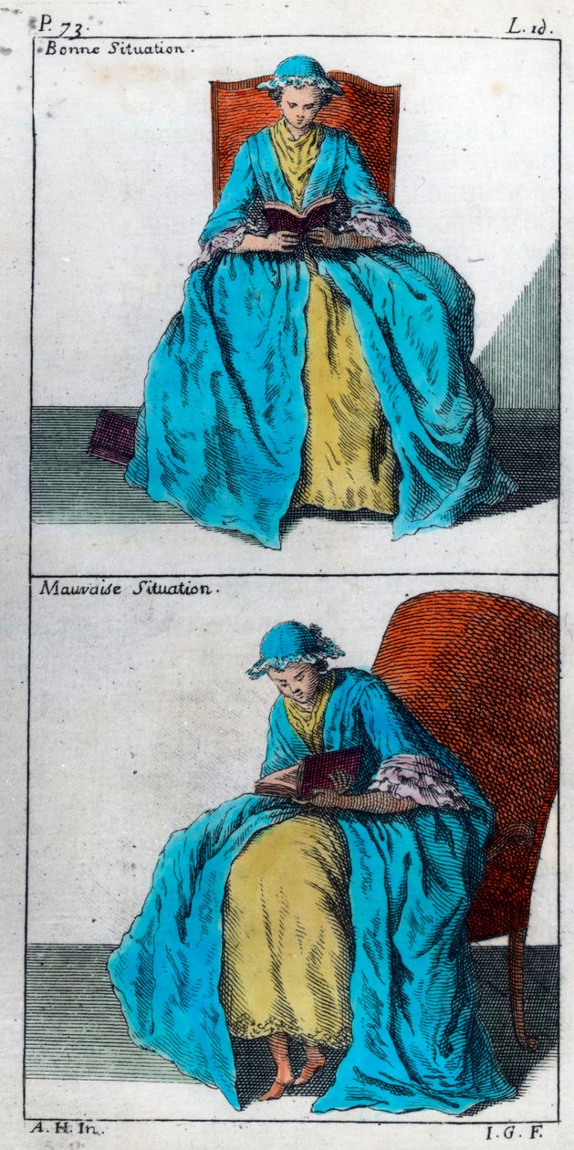 Umění prevence a nápravy dětských deformací těla: dobrá a špatná poloha pro čtení. Rytina 18. století. Soukromá sbírka. od Unknown artist
