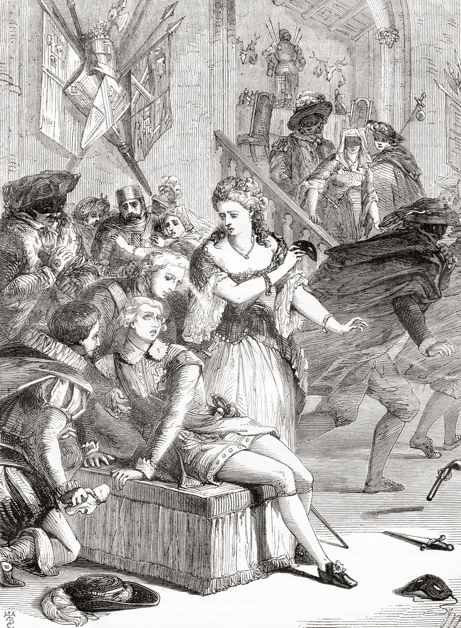 Zavraždění Gustava III. Jackobem Johanem Anckarströmem na maškarním plese, Stockholm, Švédsko, 1792 (rytina) od Unknown artist