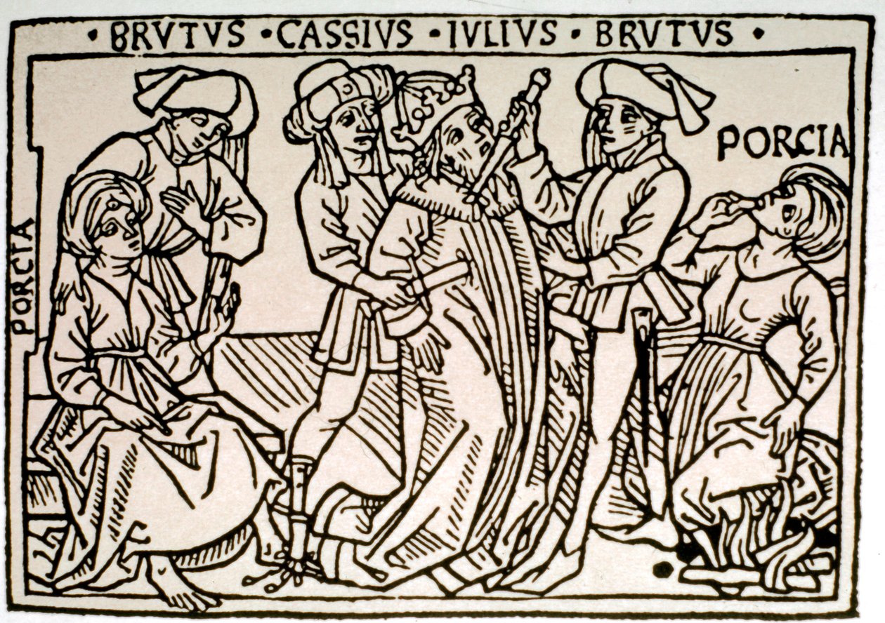 Atentát na Julese Cesara (100-44 př.nl): Brutus a Cassius ho ubodají, zatímco Porcie, Brutova manželka zmizí. Xylografie Říma 16. století, Biblioteca Vallicelliana ©Luisa Ricciarini/Leemage od Unknown artist