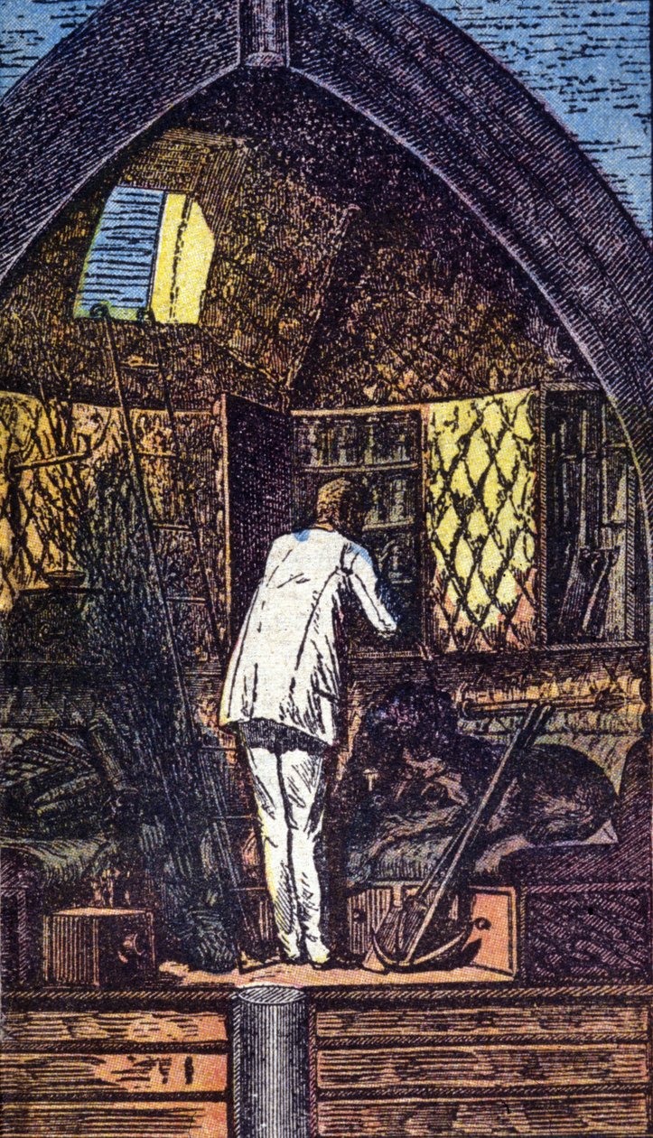 Astronaut v raketě. Grav. v „Ze Země na Měsíc“ od Julese Verna od Unknown artist