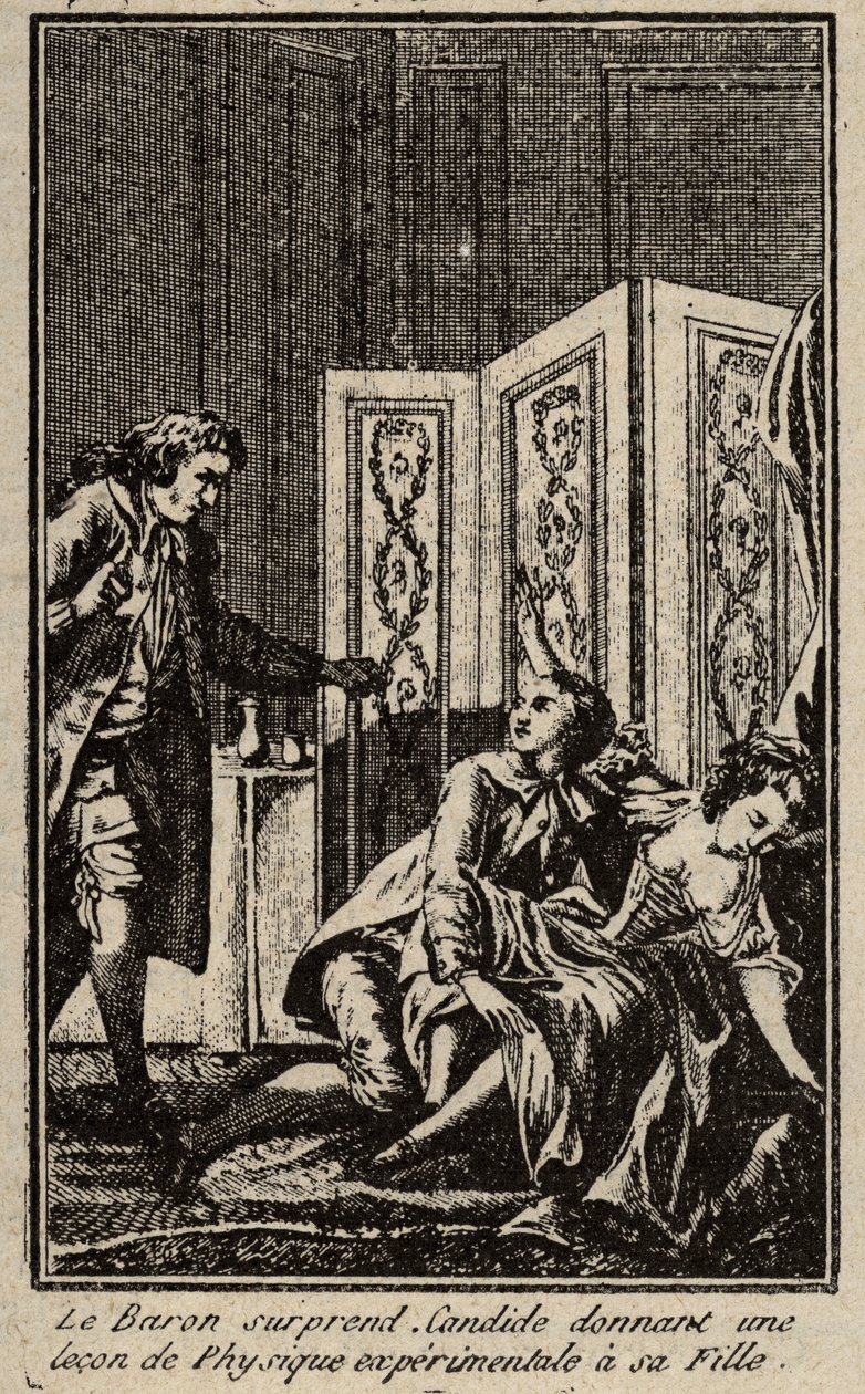 Baron překvapí Candide, když dává lekci experimentální fyziky své dceři Frontispice za „“Candide““ od Francoise Marie Arouet dit Voltaire. od Unknown artist