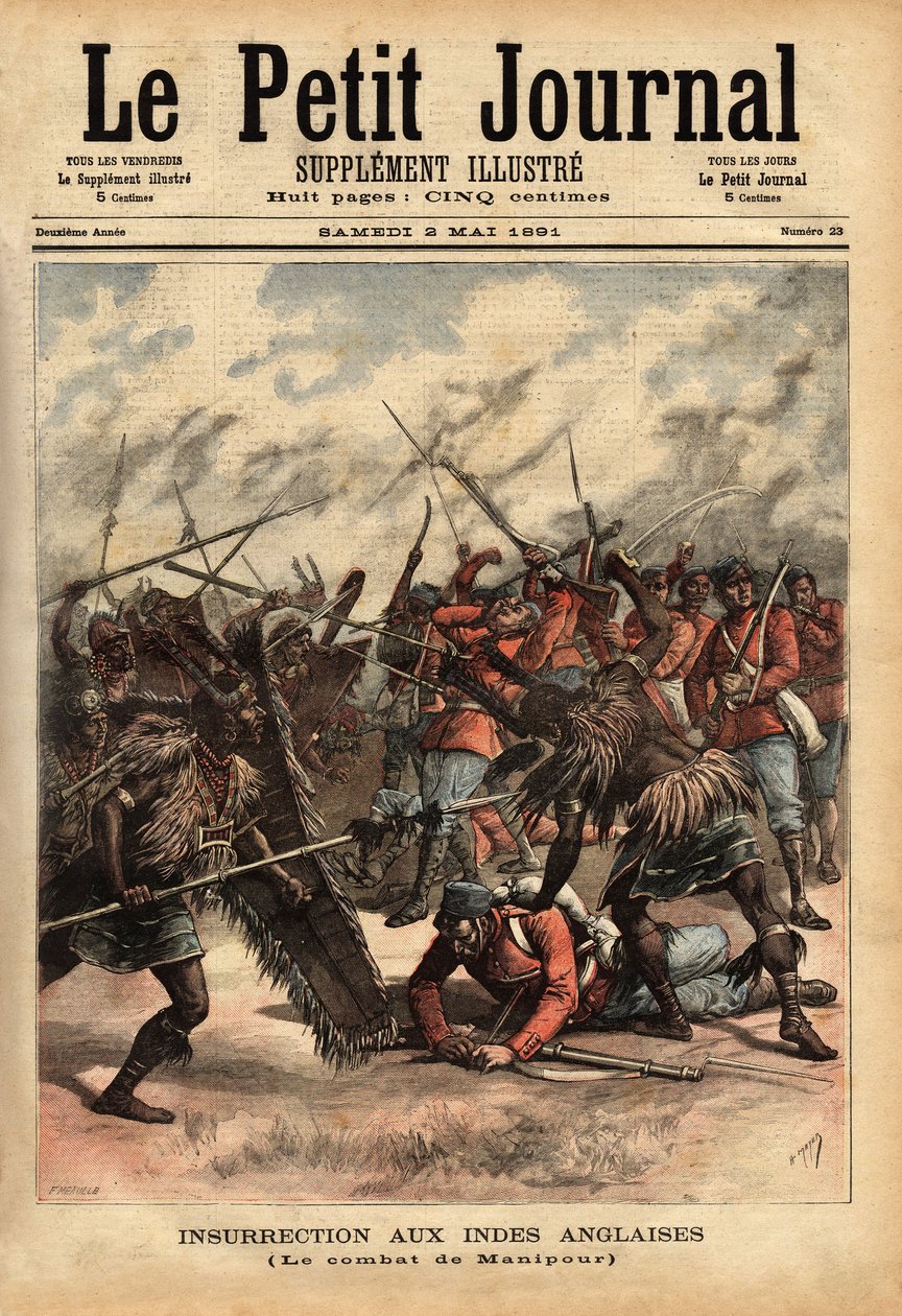 Bitva o Manipur (nebo Manipur) (severovýchod Indie), od 24. do 26. dubna 1891, kde britské koloniální síly a rebelové Maharajah Kullachandra Singh (zemřel v exilu v roce 1934), na trůnu od roku 1890, zneužili svého bratra Surchandra Singh (regne 1886- od Unknown artist