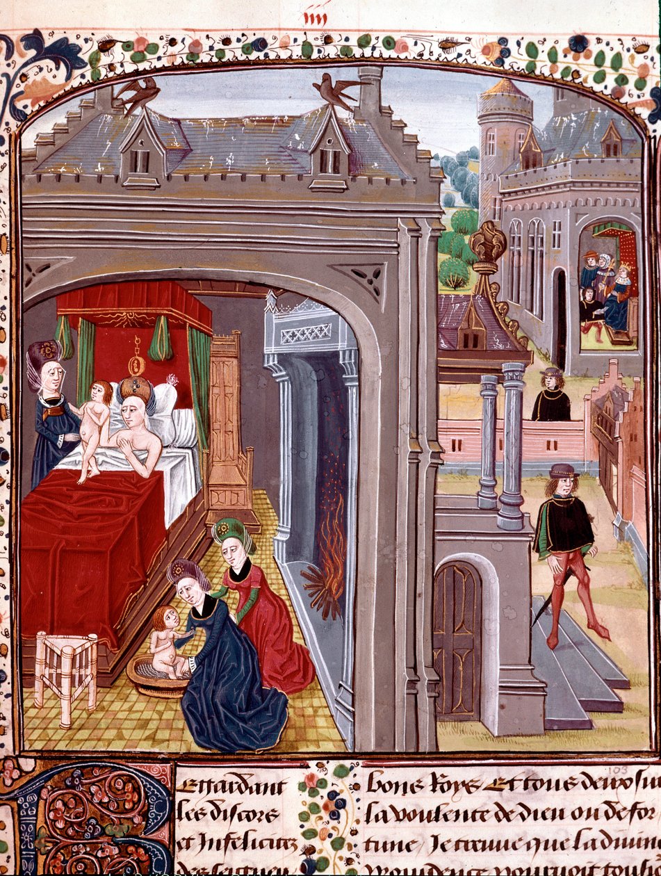 Narození Alexandra Velikého (356-323 př. n. l.), syna Olympias a Nectanebo II Miniatura převzatá z „“Historie Alexandra Velikého”” od QuinteCurce (Quintus Curtius Rufus) (1. století n. l.) Chantilly z 15. století, muzeum Conde od Unknown artist