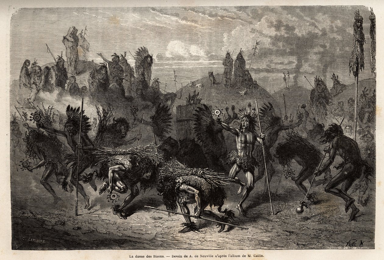 Bizoní tanec předváděný válečníky v indiánech Mandans (neboli noumah ka kie: bažanti) na levém břehu Missouri. Rytina pro ilustraci exkurze mezi indiánskými kmeny povodí Kolumbie a Horní Missouri, od G. Catlina, v roce 1855, s. od Unknown artist