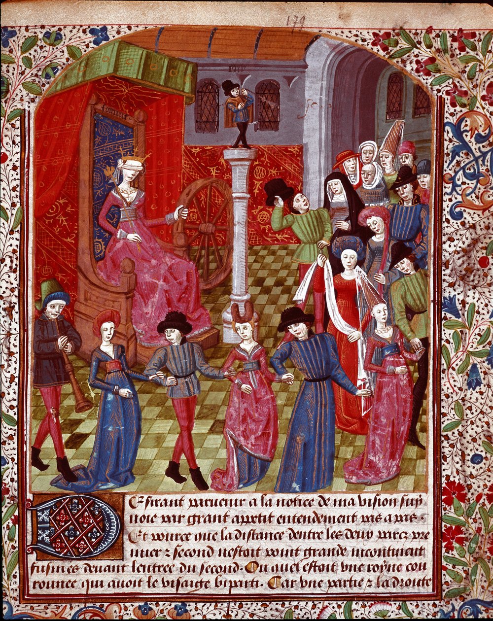 Slepá štěstěna točící kolo, lidé před ní jsou alegorií Osudu, Štěstí a Miniaturního Malheura převzatá z „The Tresor of Sapience“ (neboli „The Treat of the Garden in Love“) od Jeana Gersona (1363-1429) (ms. 1513, fol. 179 r.) 15. stol. od Unknown artist