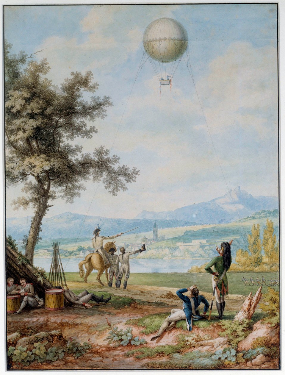 Blokáda Mohuče: 14. 4. 1793 je pevnost obklíčena armádou První koalice. Balón nad městem ve stavu obležení používaný pro vojenské účely. tisk z 18. století. Paříž. letecké muzeum od Unknown artist