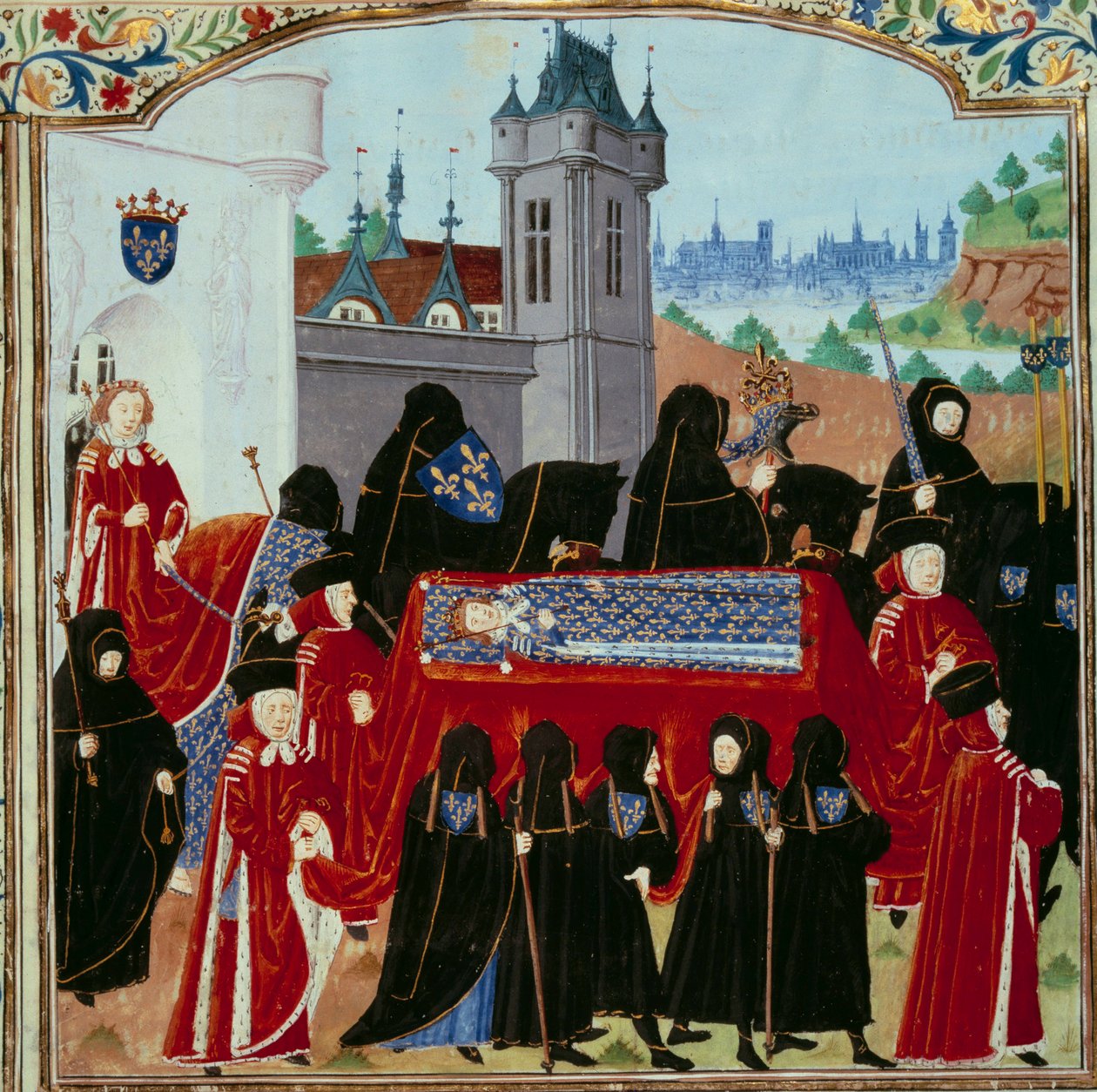 Tělo zesnulého krále Karla VI. (1368-1422) je odneseno, za průvodem nový král Karel VII. (1403-1461) Miniatura z 22. 10. 1422 z rukopisu „“ Letopisy Karla VII.““ (Ms. fr. 2691) od Jeana Chartiera od Unknown artist