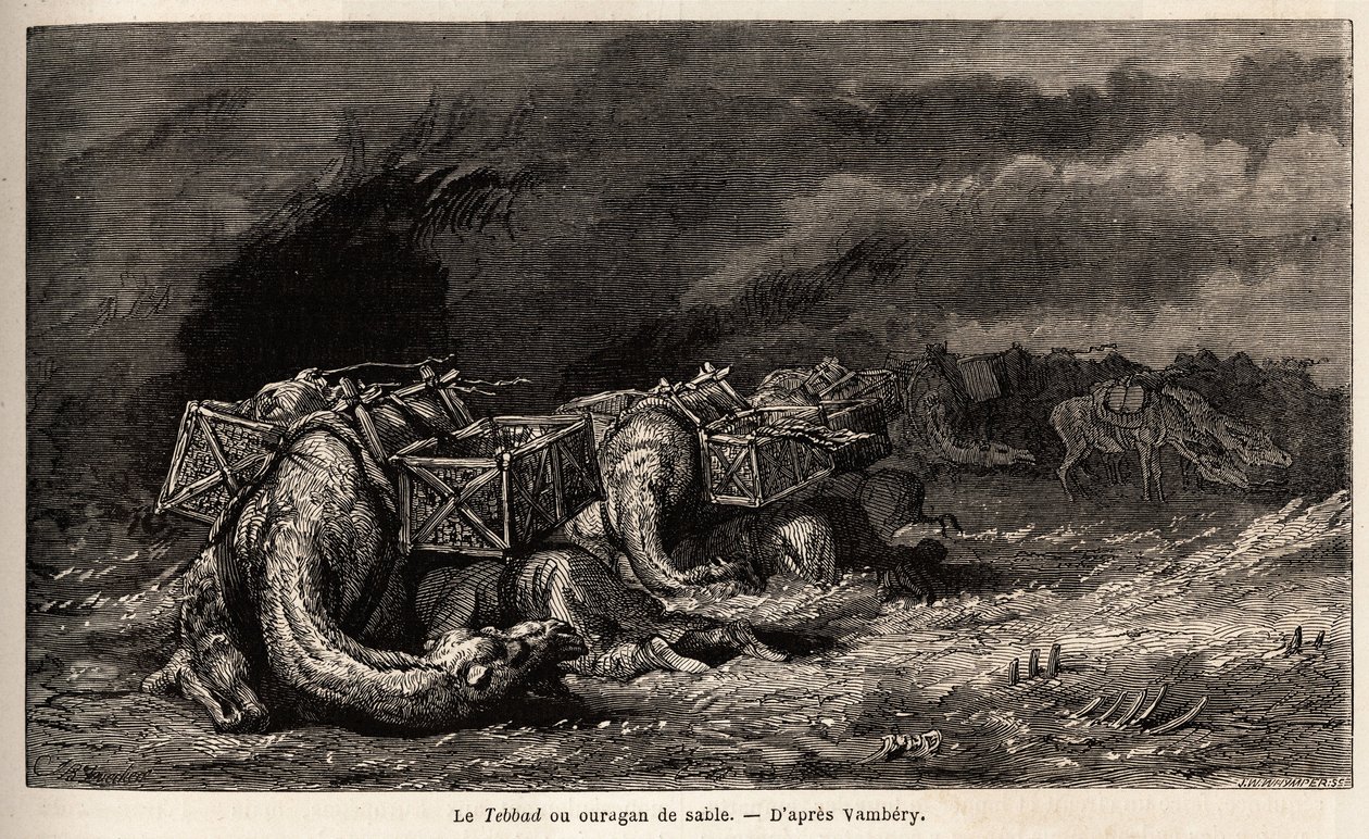 Velbloudí karavana zachycená v písečném hurikánu, který nazývá tebbad. Kresba Emila Bayarda (1837-1891) pro ilustraci cesty do Střední Asie v roce 1863 od Arminia Vamberyho (maďarského vědce v přestrojení za derviše). Rytina v „“ Le tour du monde““, editov od Unknown artist