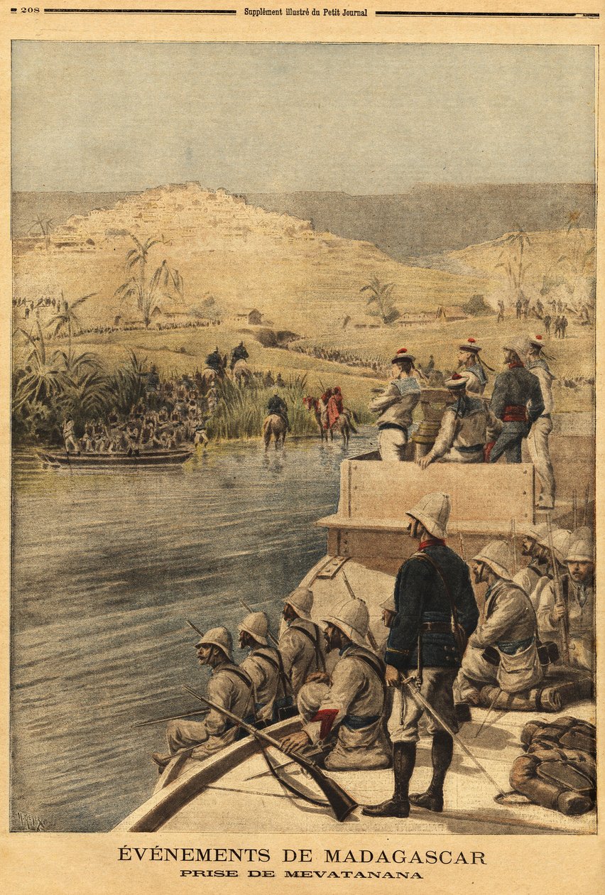 Dobytí Mevatanany (Madagaskar) francouzskou armádou. Rytina v "" Le petit journal "" 30/06/1895. Selva sbírka. od Unknown artist