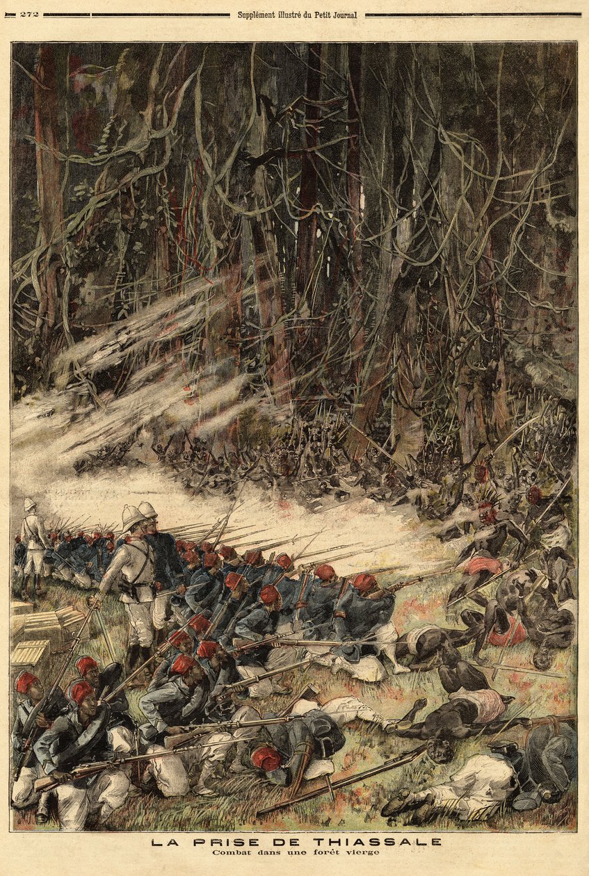 Dobytí Thiassale (Pobřeží slonoviny) kapitánem Jeanem Baptistem Marchandem (1863-1934), velitelem vojenských sil kolonie, s oddílem 115 mužů bojovali s válečníky Baoule mezi řekou Bendama a pralesem. Rytina v „“ Le p od Unknown artist
