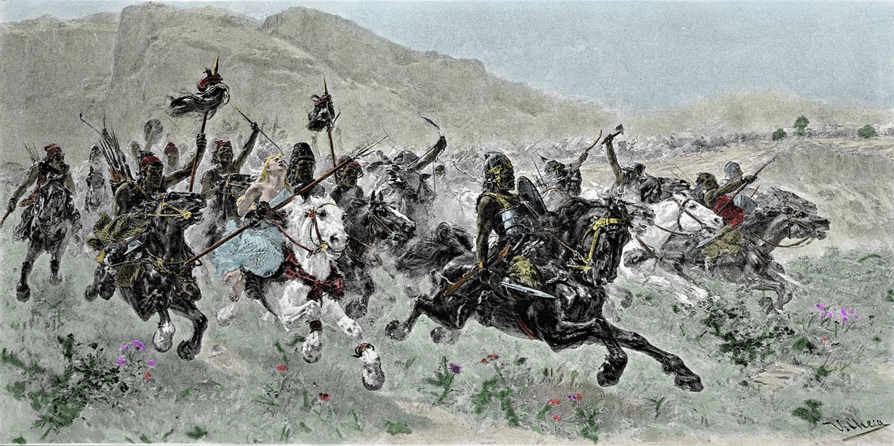 Obvinění Hunů vedených Attilou (405-453), odložení Itálie, 5. století - rytina U. Checa od Unknown artist
