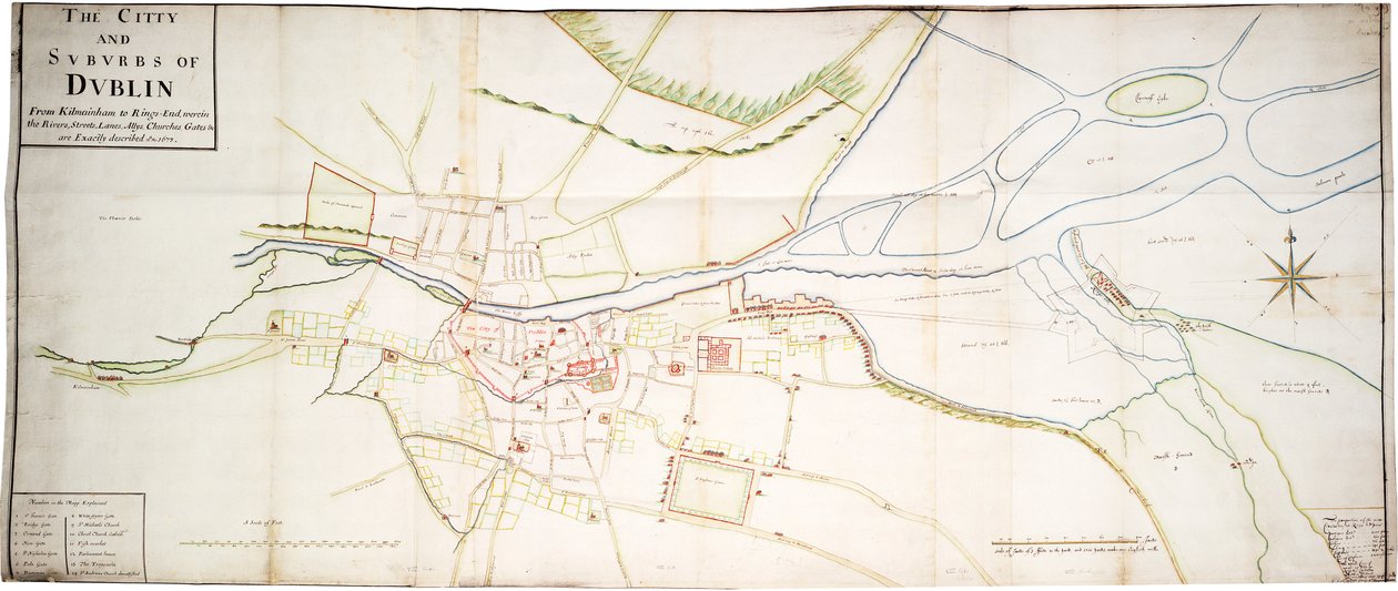 Město a předměstí Dublinu od Kilmainhamu po Rings-End, kde jsou přesně popsány řeky, ulice, uličky, spojnice, kostely, brány atd. 15. č. 1673. od Unknown artist