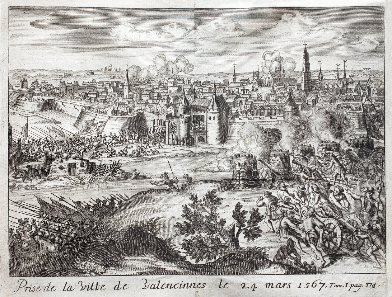 Město Valenciennes (Francie) bylo dobyto 24. března 1567. První bitva povstání Gueux (začátek války osmdesáti let (80 let nebo 80 let) (Nizozemské povstání) (1568-1648). pro ilustraci „Historie války F od Unknown artist