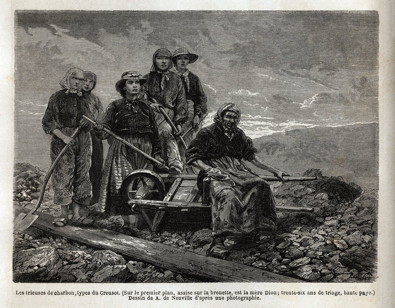 Třídiče uhlí, typ Creusot; v popředí sedící na trakaři, nejstarší z třídičů, matka Dion, 36 let třídění. Rytina pro ilustraci plavby na Creusot a doly Saone a Loire, v roce 1865, L. Simonin, v r. od Unknown artist