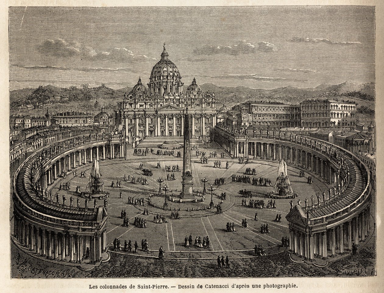 Kolonády svatého Petra ve Vatikánu, přenesené Bernini (1598-1680) z roku 1655, na eliptické rovině, které se staly běžným místem barokní a rokokové architektury. Rytina pro ilustraci plavby do Říma od Francise Weye v letech 1864-1868, publis od Unknown artist