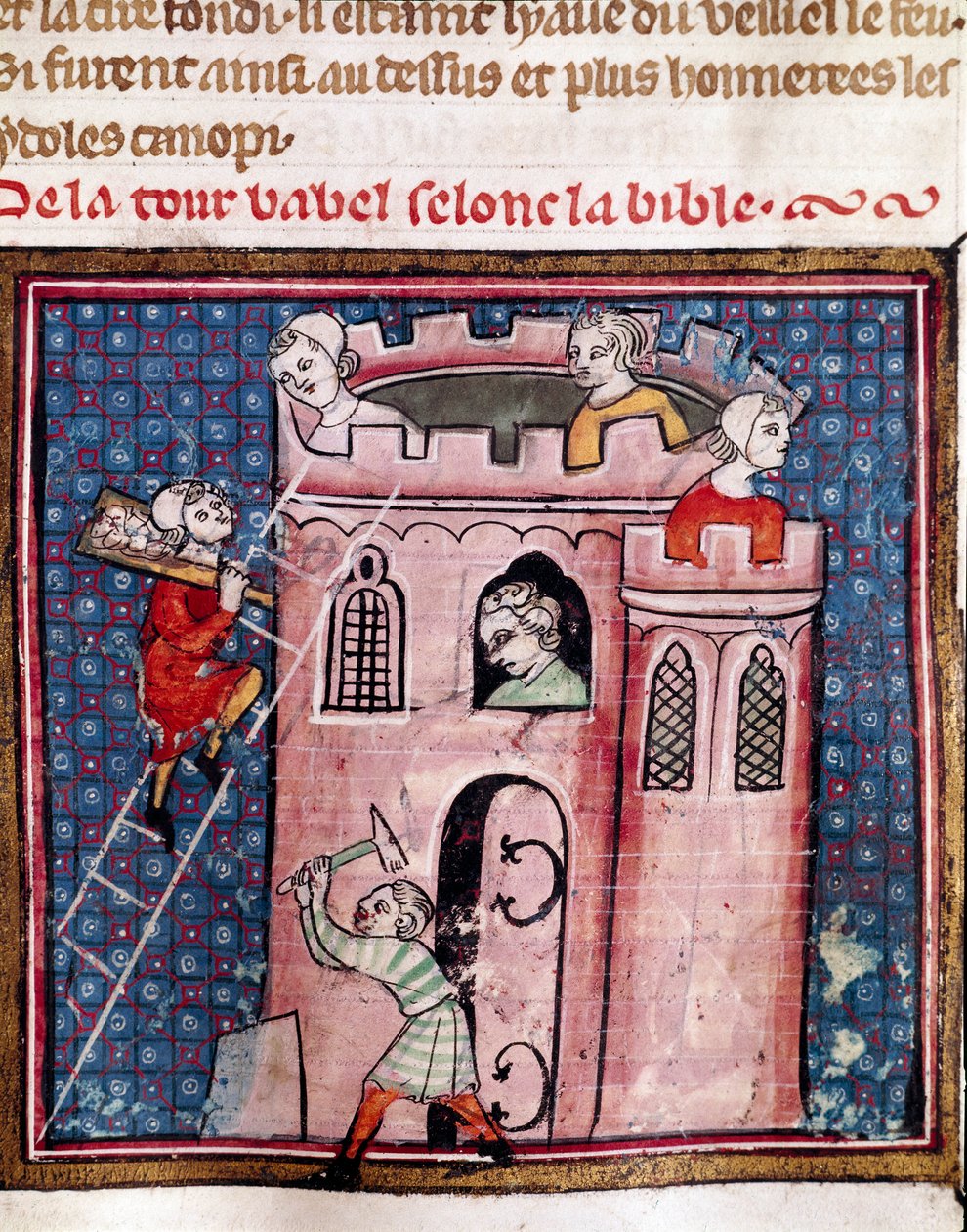 Stavba babylonské věže Detail iluminované stránky rukopisu „Bible Historiale“ od Guiarta Des Moulinse Městská knihovna Troyes ze 14. století od Unknown artist