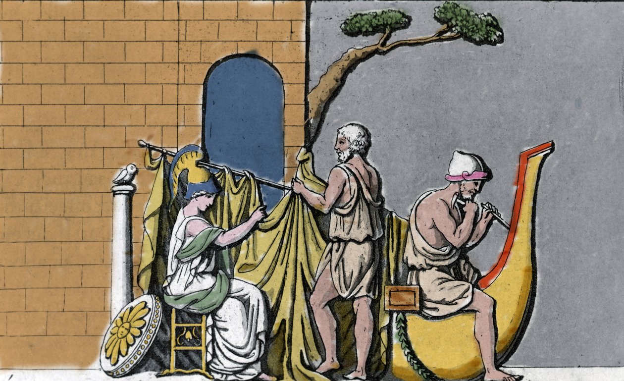 Stavba lodi Argo za pomoci Minervy s posvátným dřevem dubů Dodone. od Unknown artist