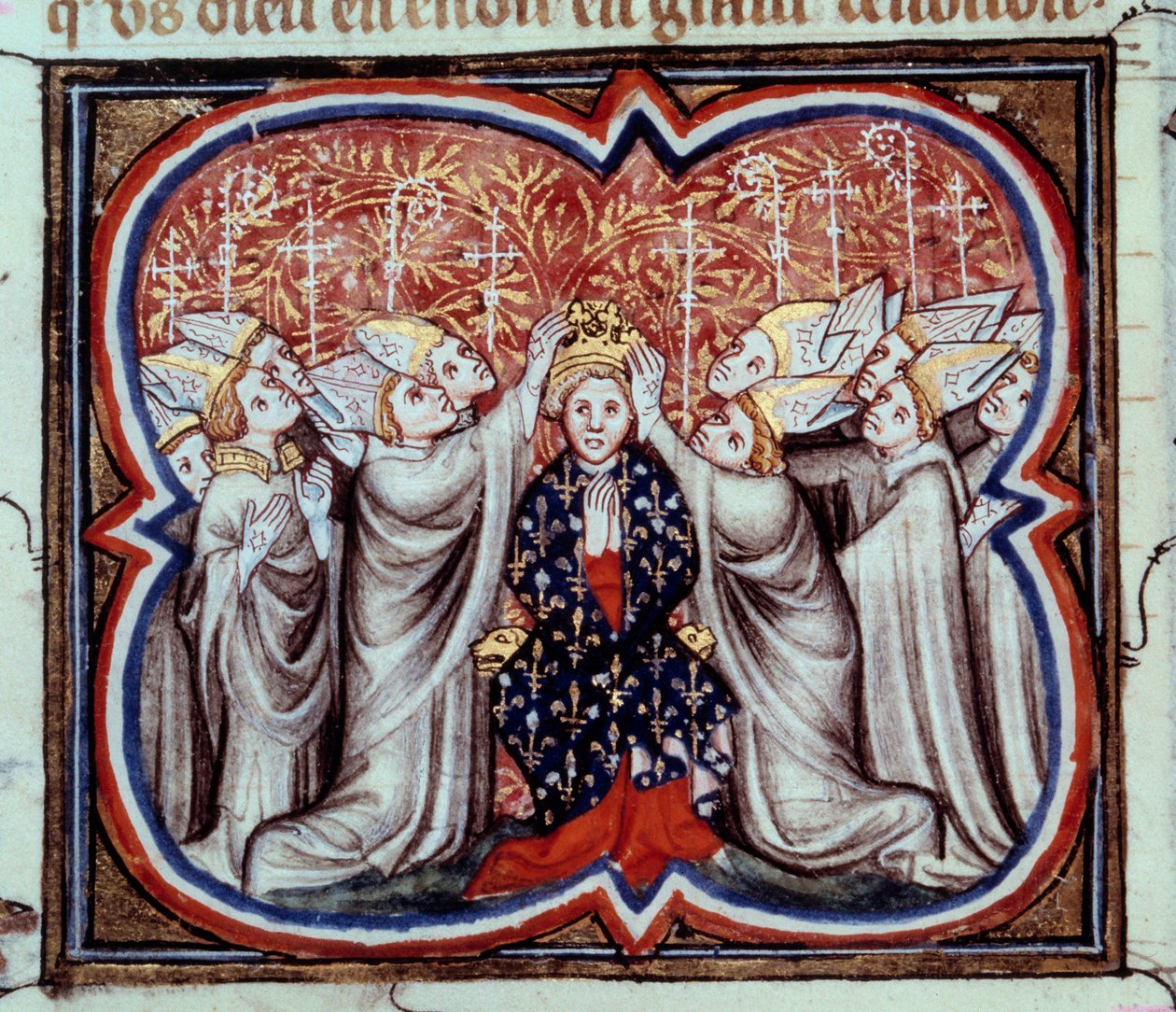 Korunovace krále Filipa Augusta (1165-1223) v katedrále v Remeši dne 1.11.1179. Miniatura z rukopisu ze 14. století. Paříž, B.N. od Unknown artist