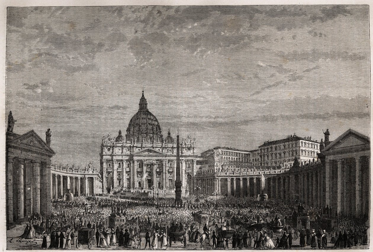 Dav spěchal na Svatopetrské náměstí ve Vatikánu, aby přijal velké požehnání Velikonoc od papeže Pia IX. (1792-1878). Rytina k ilustraci příběhu Svatého týdne v Římě v roce 1863 od Ludovica Cellera v „Le tour du monde, nouveau journal des voy od Unknown artist