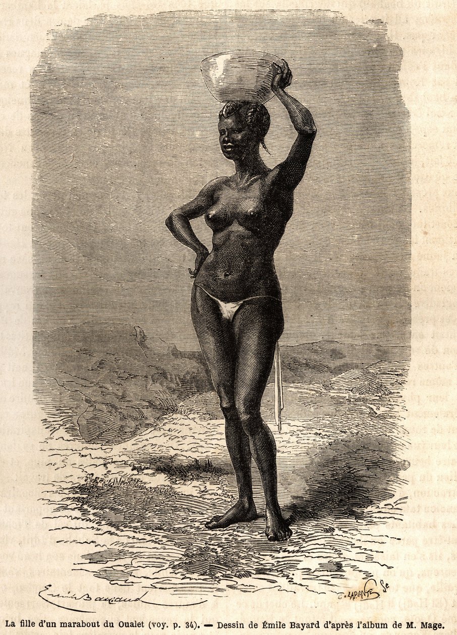 Dcera marabouta z Oualet (Mauritánie), nosí na hlavě jatte na výrobu černého mýdla. Rytina pro ilustraci plavby poručíka (námořnictva) M. Mage do západního Súdánu v letech 1863-1866, publikovaná v „Le tour du monde, nouveau journal des voyages“ od Unknown artist