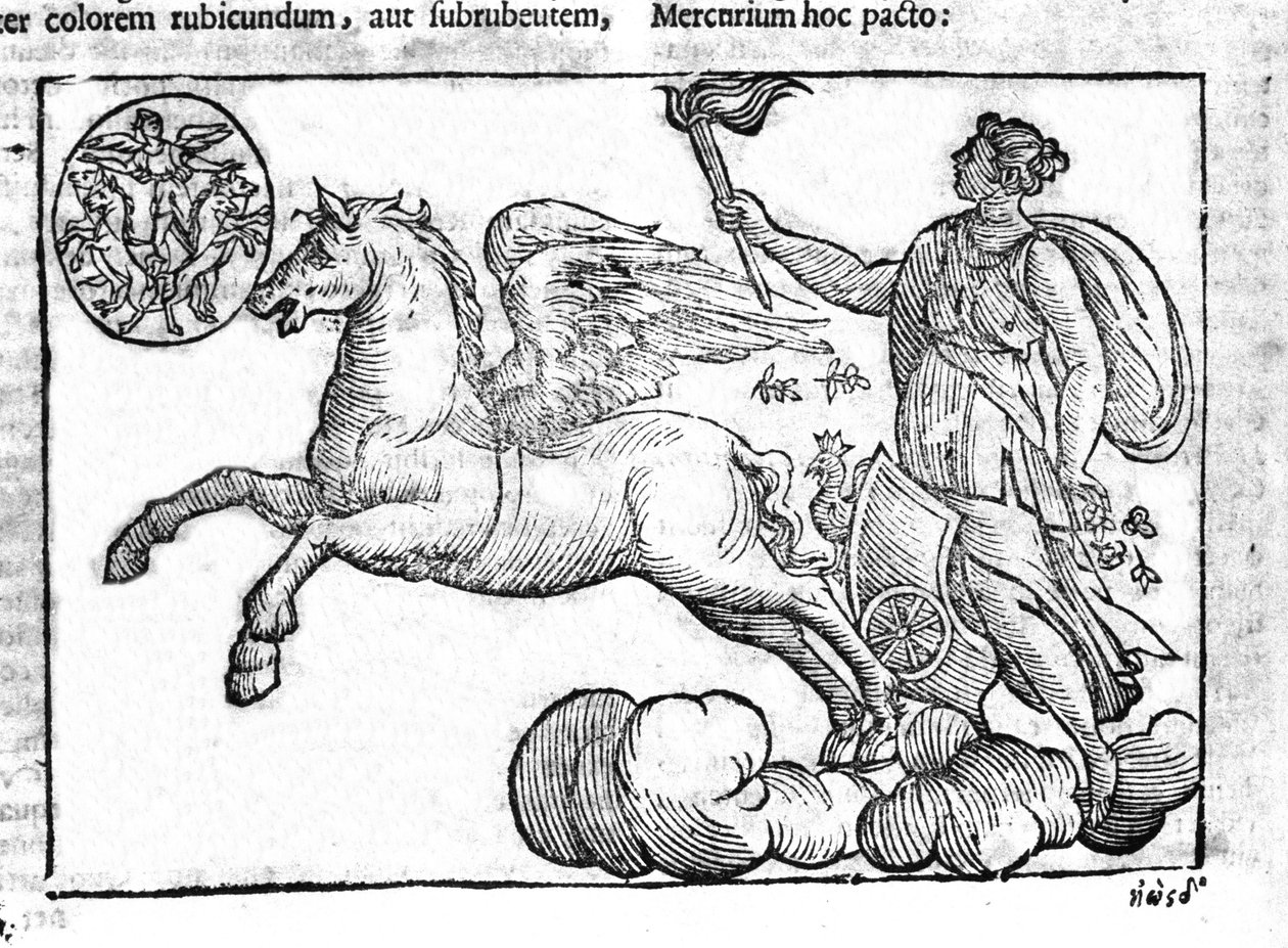 Svítání (voz slunce). Alegorie východu slunce s postavami řecké a římské mytologie na obloze. Rytina z „Mythologiae sive explicationes fabularum“ da Natalis Comitis. 1637. od Unknown artist